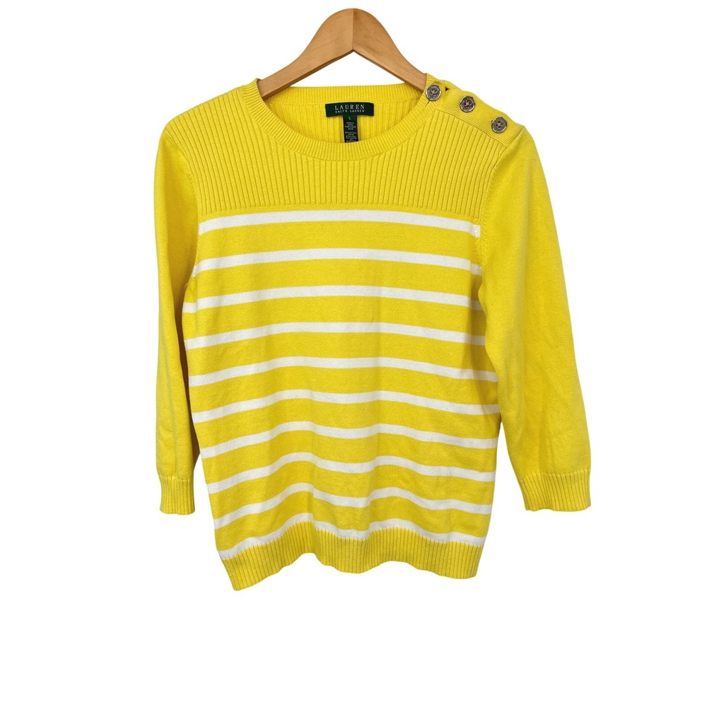 Lauren Ralph Lauren Sweater Women Large Yellow Striped Button Nautical Old Money